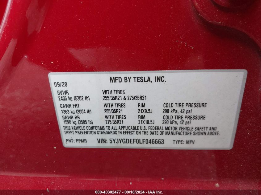 5YJYGDEF0LF046663 2020 Tesla Model Y