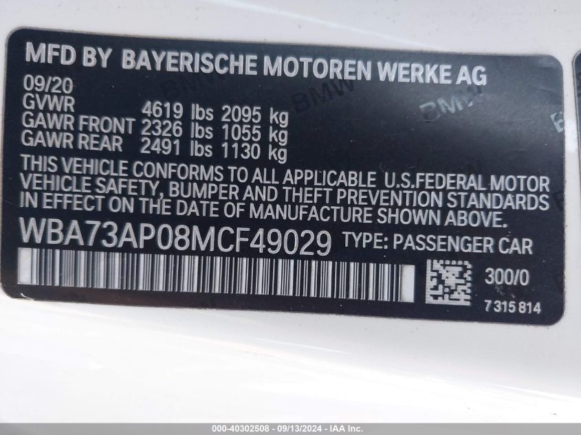 WBA73AP08MCF49029 2021 BMW 430I