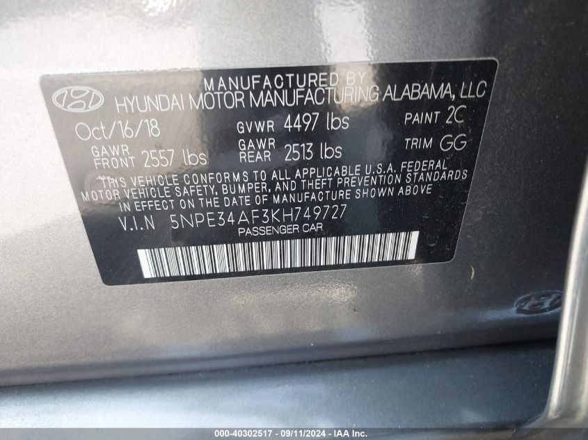 5NPE34AF3KH749727 2019 Hyundai Sonata Sel