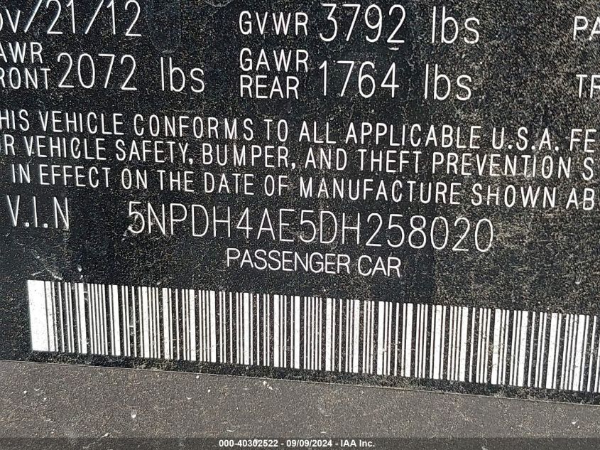 5NPDH4AE5DH258020 2013 Hyundai Elantra Gls