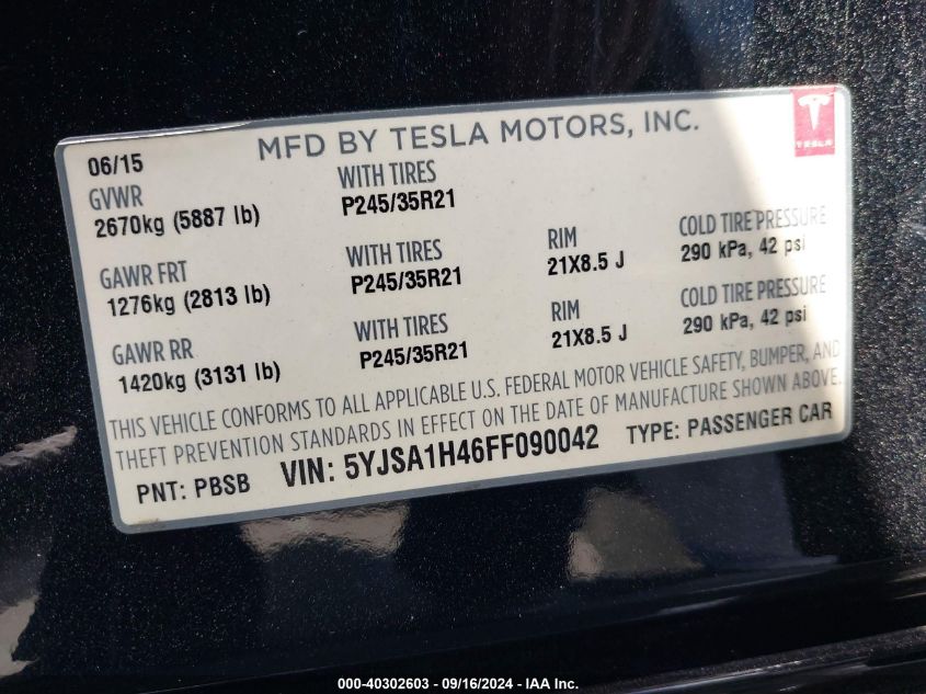 2015 Tesla Model S 85D/P85D VIN: 5YJSA1H46FF090042 Lot: 40302603