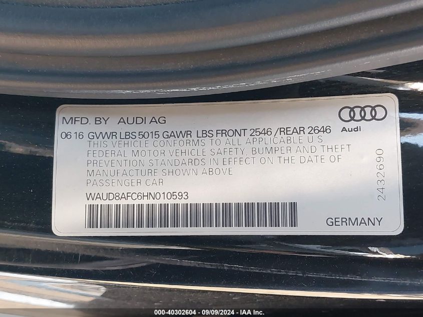 2017 Audi A6 2.0T Premium VIN: WAUD8AFC6HN010593 Lot: 40302604