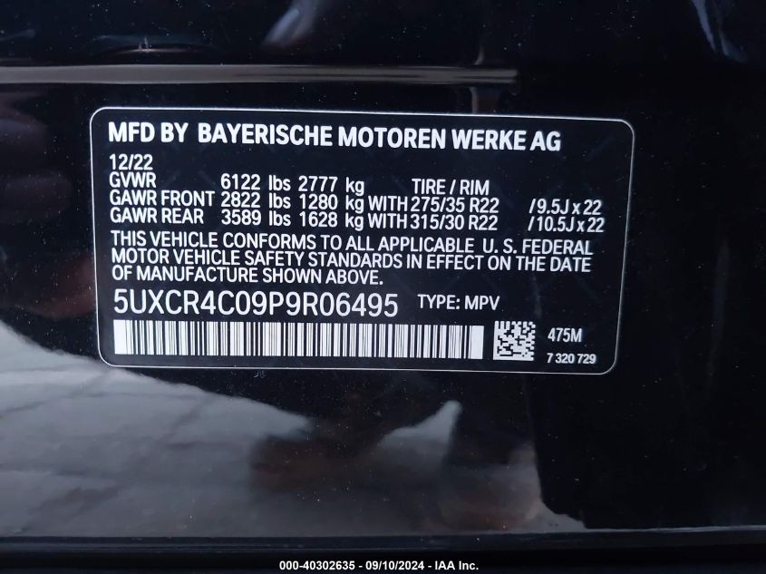 2023 BMW X5 Sdrive40I VIN: 5UXCR4C09P9R06495 Lot: 40302635