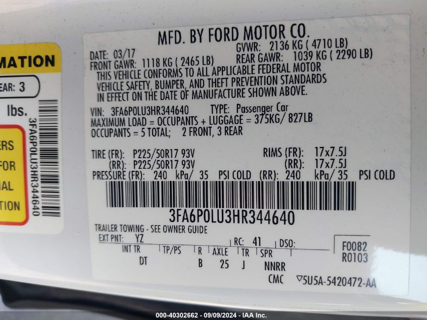 2017 Ford Fusion Hybrid Se VIN: 3FA6P0LU3HR344640 Lot: 40302662