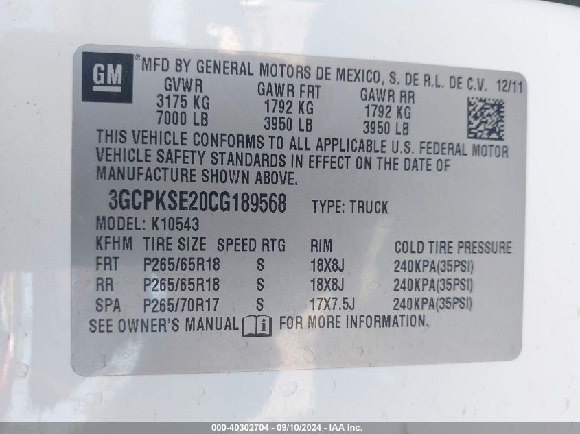 3GCPKSE20CG189568 2012 Chevrolet Silverado K1500 Lt