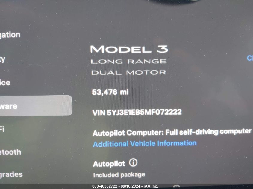 2021 Tesla Model 3 Long Range Dual Motor All-Wheel Drive VIN: 5YJ3E1EB5MF072222 Lot: 40302722