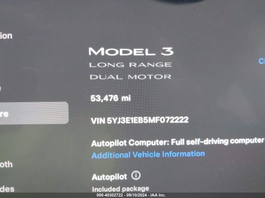 2021 Tesla Model 3 Long Range Dual Motor All-Wheel Drive VIN: 5YJ3E1EB5MF072222 Lot: 40302722