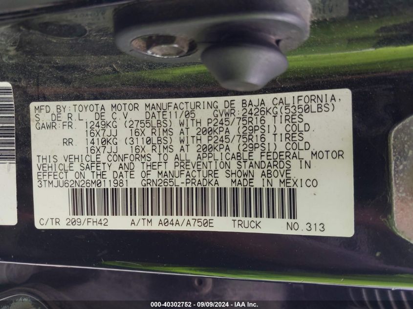 2006 Toyota Tacoma Prerunner V6 VIN: 3TMJU62N26M011981 Lot: 40302752