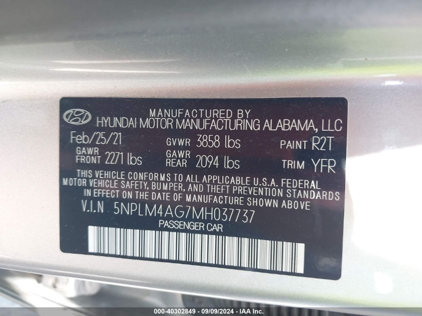 2021 Hyundai Elantra Sel VIN: 5NPLM4AG7MH037737 Lot: 40302849