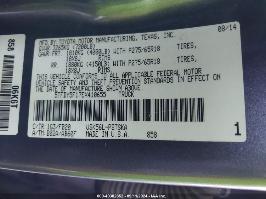 5TFDY5F17EX410655 2014 Toyota Tundra Sr5 5.7L V8