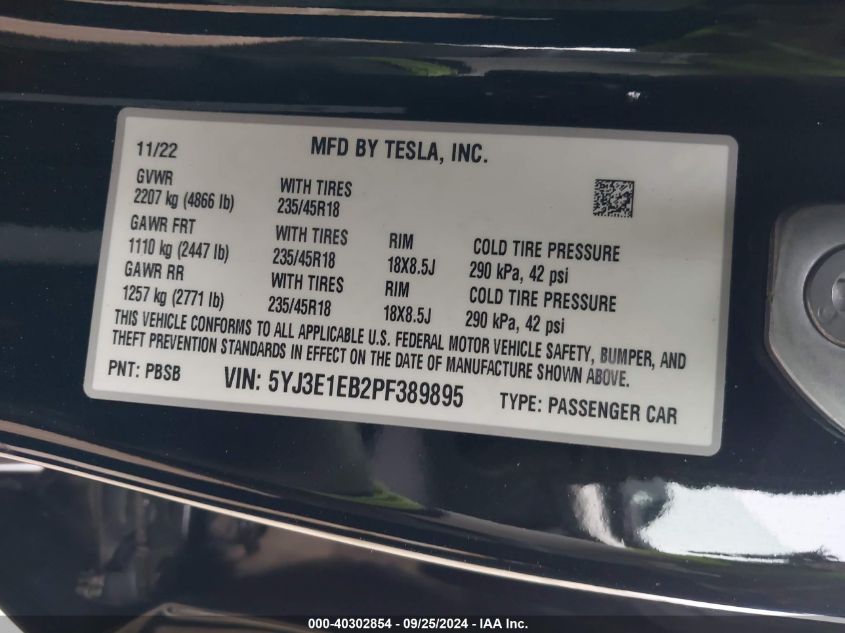 2023 Tesla Model 3 Long Range Dual Motor All-Wheel Drive VIN: 5YJ3E1EB2PF389895 Lot: 40302854