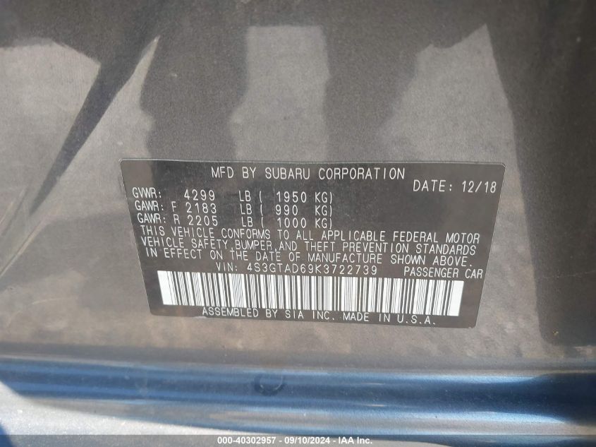 4S3GTAD69K3722739 2019 Subaru Impreza Premium