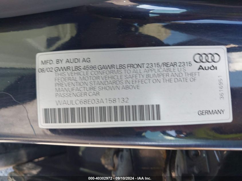 WAULC68E03A158132 2003 Audi A4 1.8T