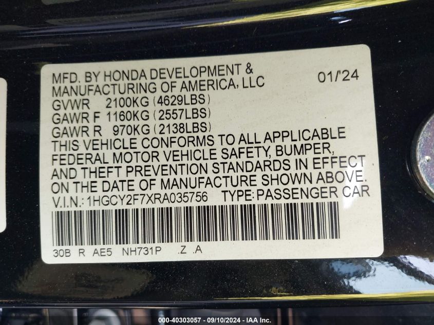 1HGCY2F7XRA035756 2024 Honda Accord Hybrid Sport-L