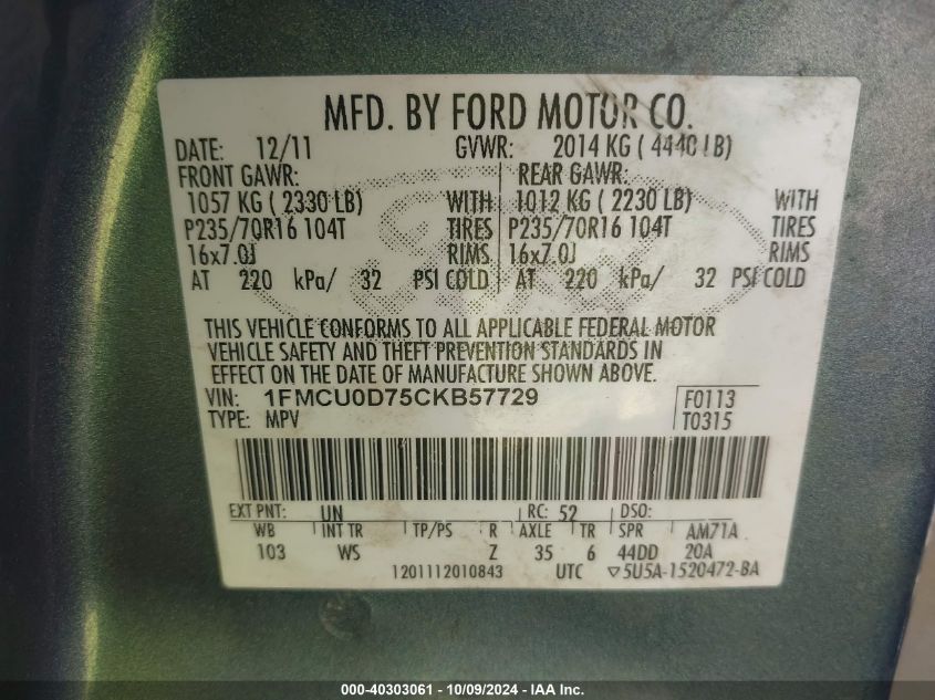 1FMCU0D75CKB57729 2012 Ford Escape Xlt