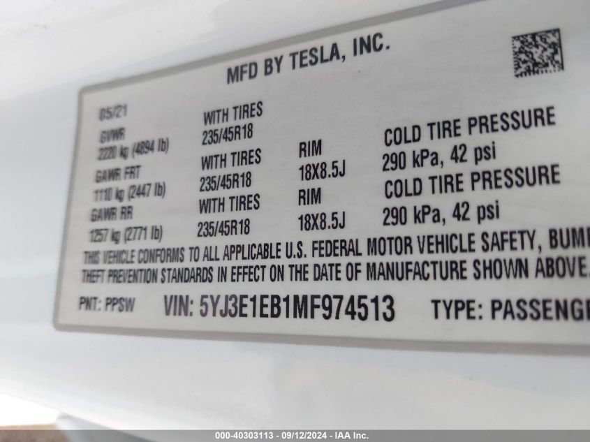 2021 Tesla Model 3 VIN: 5YJ3E1EB1MF974513 Lot: 40303113