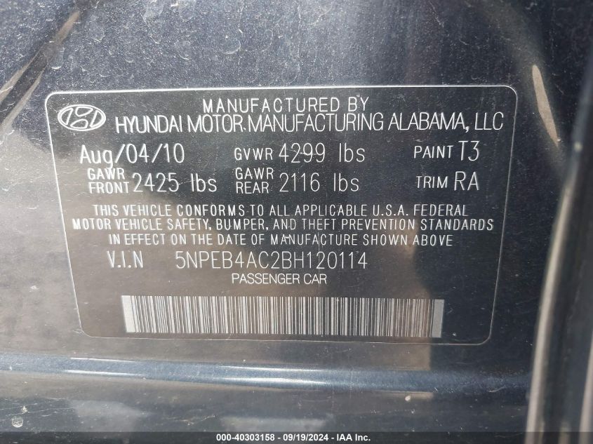 5NPEB4AC2BH120114 2011 Hyundai Sonata Gls