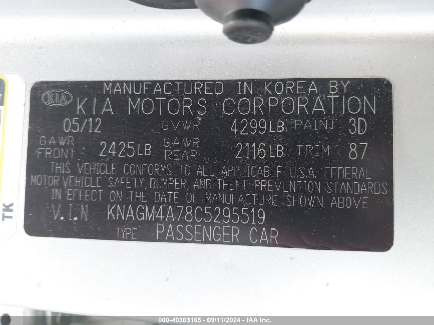 2012 Kia Optima Lx VIN: KNAGM4A78C5295519 Lot: 40303165