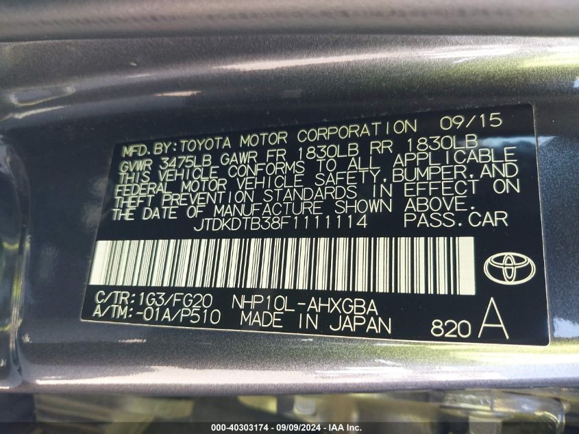 JTDKDTB38F1111114 2015 Toyota Prius C Three