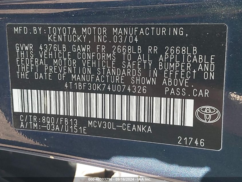 4T1BF30K74U074326 2004 Toyota Camry Le V6