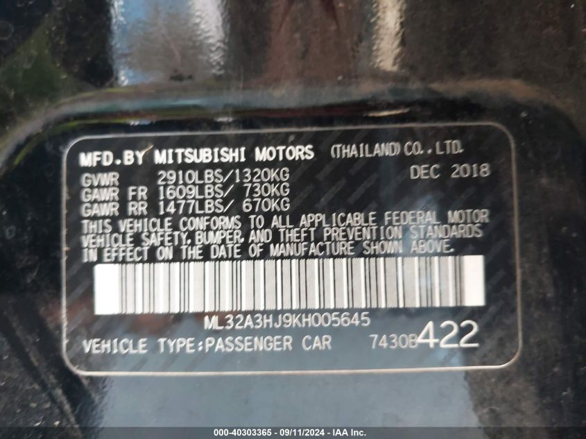 ML32A3HJ9KH005645 2019 Mitsubishi Mirage Es/Rf