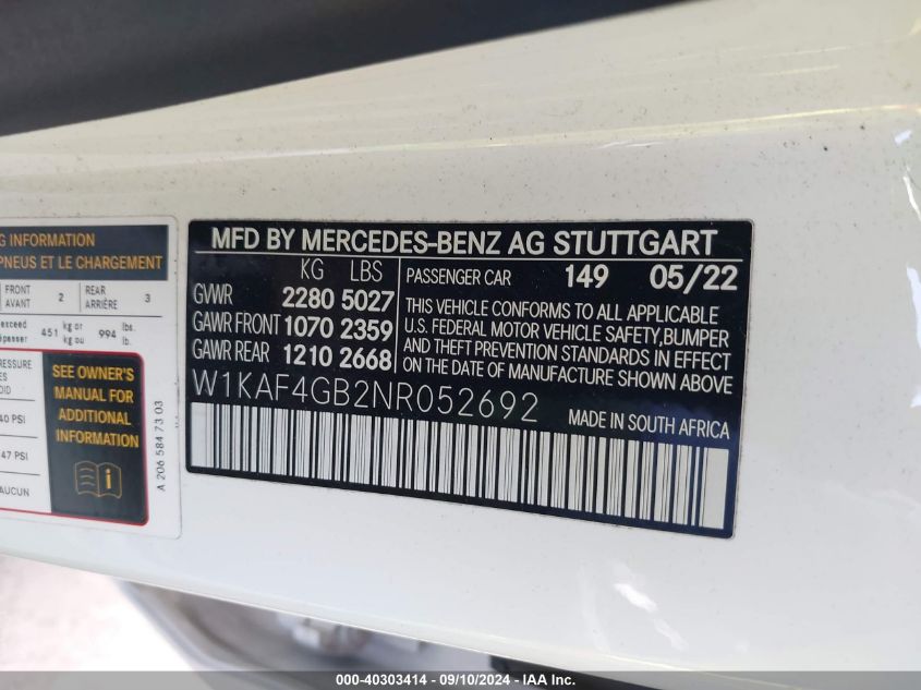 2022 Mercedes-Benz C 300 Sedan VIN: W1KAF4GB2NR052692 Lot: 40303414