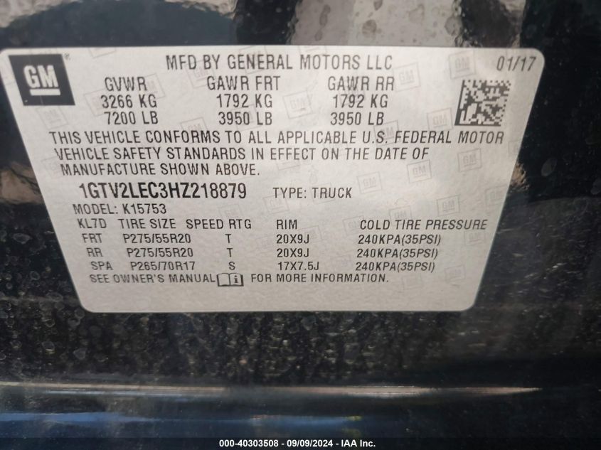 2017 GMC Sierra 1500 Elevation VIN: 1GTV2LEC3HZ218879 Lot: 40303508