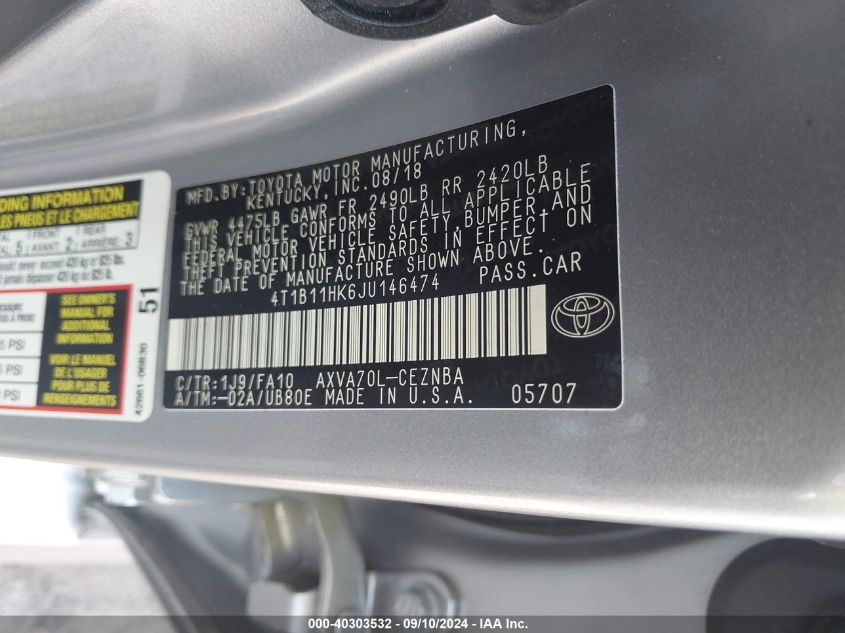 4T1B11HK6JU146474 2018 Toyota Camry Le