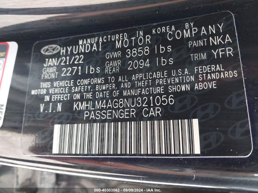 2022 Hyundai Elantra Sel VIN: KMHLM4AG8NU321056 Lot: 40303562