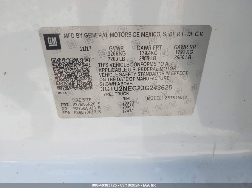 3GTU2NEC2JG243625 2018 GMC Sierra K1500 Slt