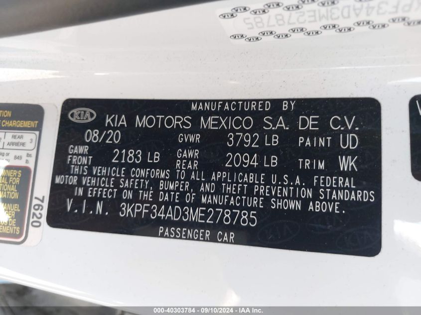 2021 Kia Forte Gt Line VIN: 3KPF34AD3ME278785 Lot: 40303784