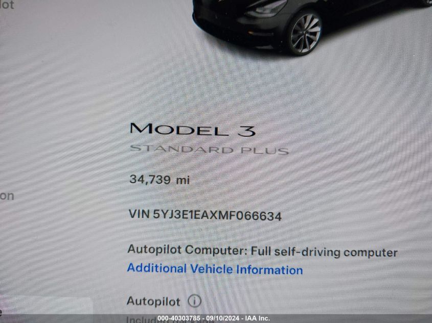 2021 Tesla Model 3 VIN: 5YJ3E1EAXMF066634 Lot: 40303785