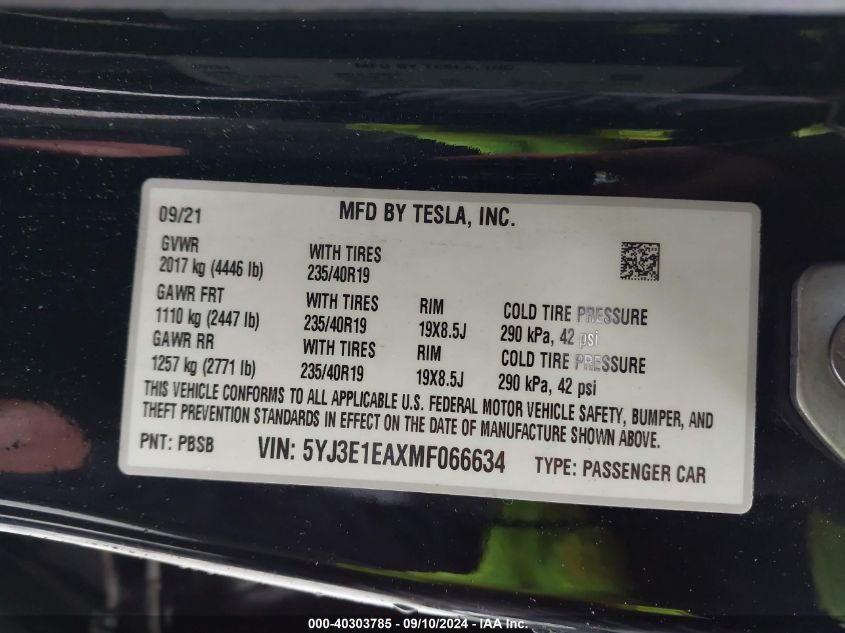 2021 Tesla Model 3 VIN: 5YJ3E1EAXMF066634 Lot: 40303785