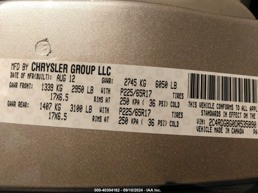 2013 Dodge Grand Caravan Se VIN: 2C4RDGBG0DR535890 Lot: 40304162