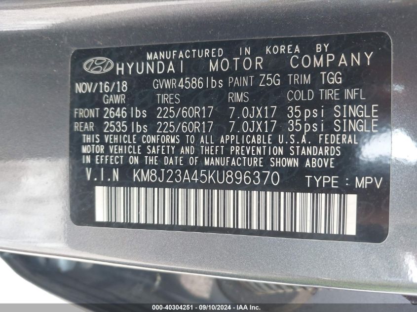 KM8J23A45KU896370 2019 Hyundai Tucson Se