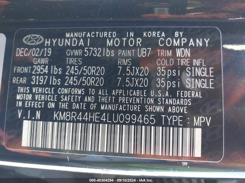 2020 Hyundai Palisade Sel VIN: KM8R44HE4LU099465 Lot: 40304294