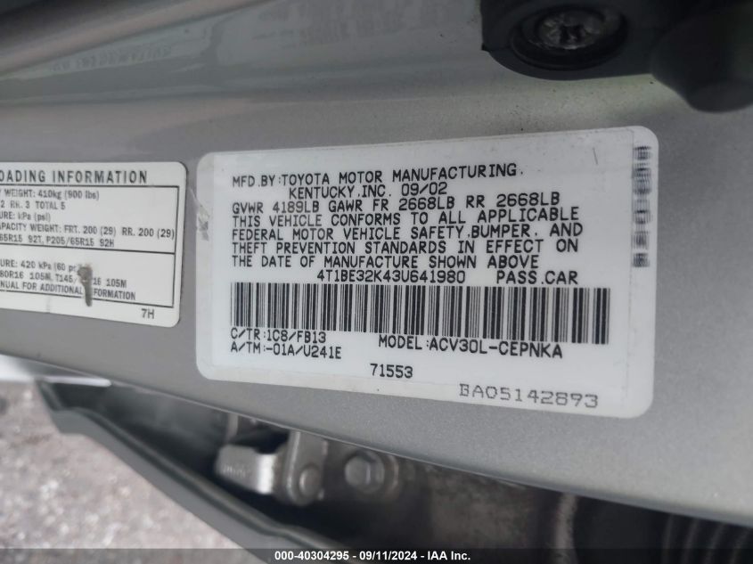 4T1BE32K43U641980 2003 Toyota Camry Le/Xle/Se