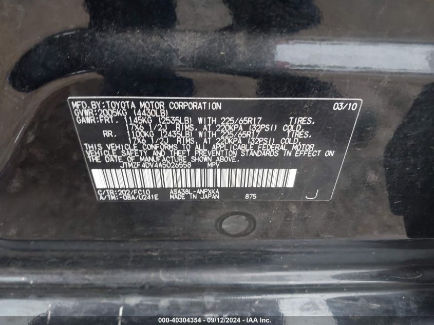 2010 Toyota Rav4 VIN: JTMZF4DV4A5026558 Lot: 40304354