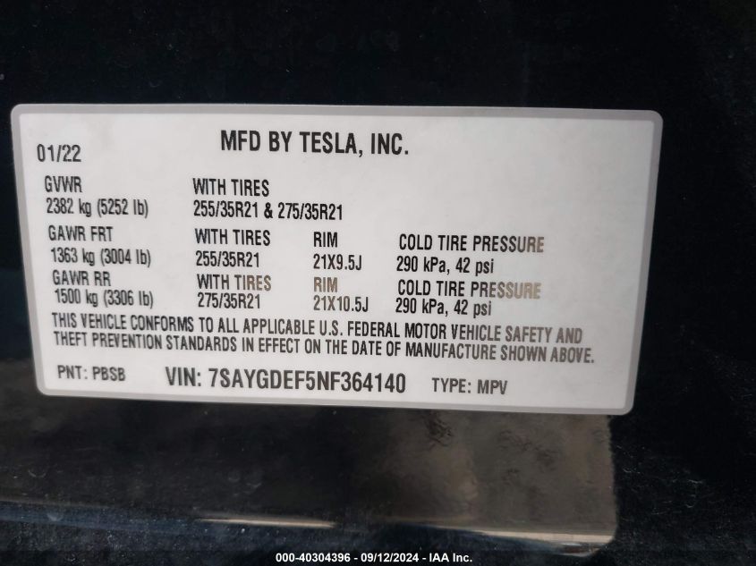 2022 Tesla Model Y VIN: 7SAYGDEF5NF364140 Lot: 40304396