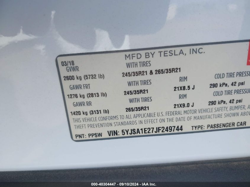 5YJSA1E27JF249744 2018 Tesla Model S