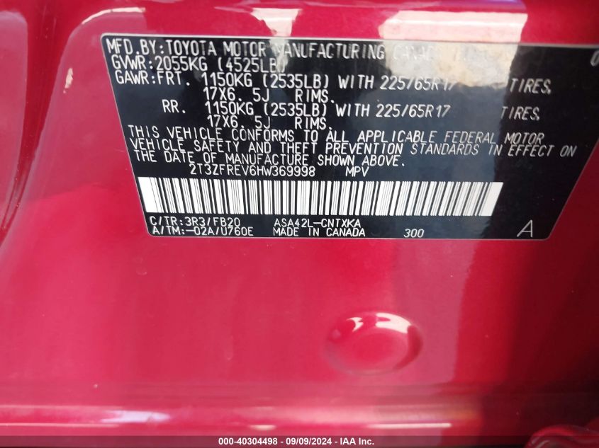 2T3ZFREV6HW369998 2017 Toyota Rav4 Le