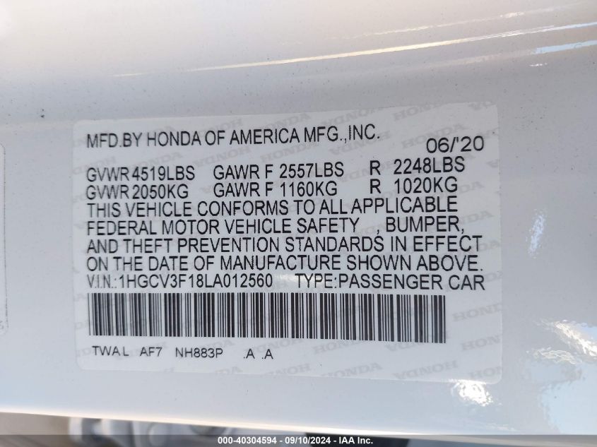 1HGCV3F18LA012560 2020 Honda Accord Hybrid