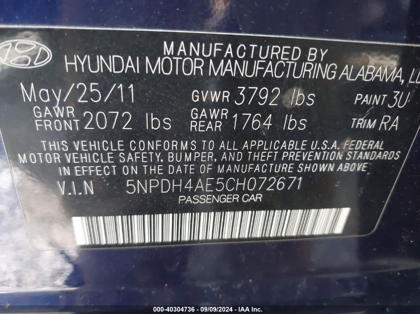 2012 Hyundai Elantra Gls VIN: 5NPDH4AE5CH072671 Lot: 40304736