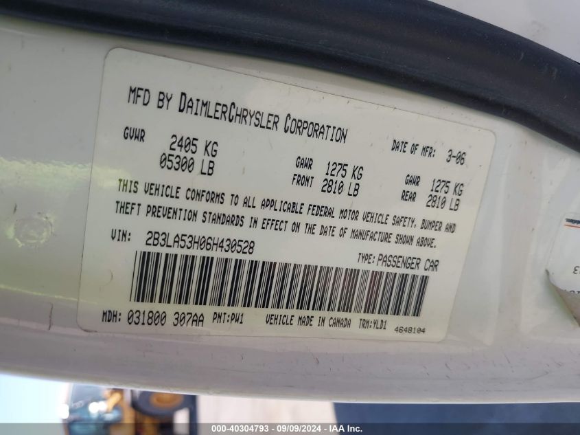2006 Dodge Charger Rt VIN: 2B3LA53H06H430528 Lot: 40304793