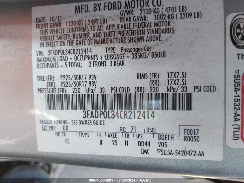 2012 Ford Fusion Hybrid VIN: 3FADP0L34CR212414 Lot: 40304801