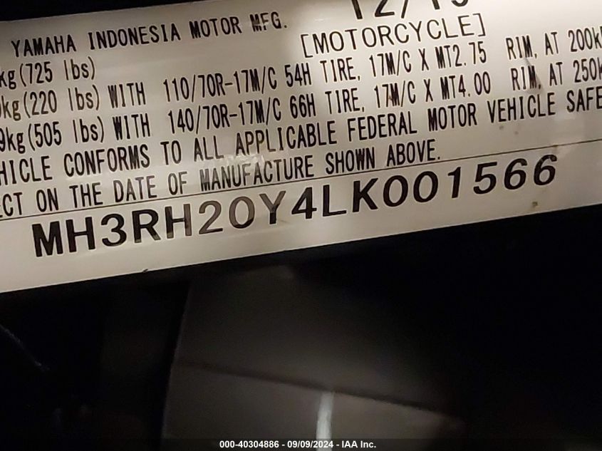 2020 Yamaha Mt-03 VIN: MH3RH20Y4LK001566 Lot: 40304886