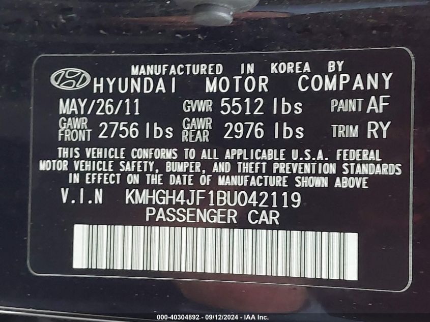 2011 Hyundai Equus Signature VIN: KMHGH4JF1BU042119 Lot: 40304892