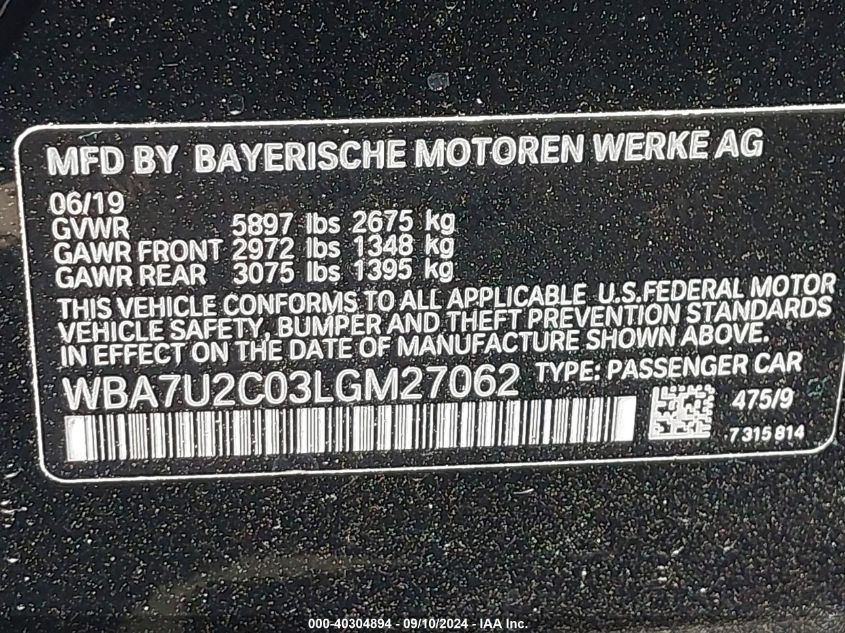 2020 BMW 750I Xi VIN: WBA7U2C03LGM27062 Lot: 40304894