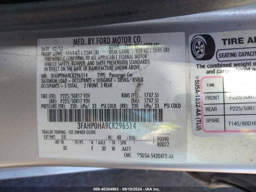 2012 Ford Fusion Se VIN: 3FAHP0HA9CR296514 Lot: 40304983