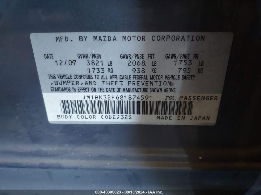 2008 Mazda 3 I VIN: JM1BK32F681874591 Lot: 40305023